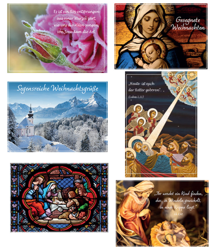 Sechs christliche Weihnachtskarten im Set (mit Kuverts)
